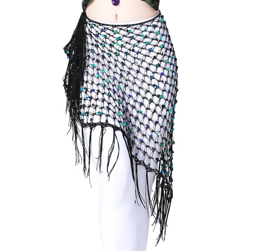 Exquisite Handmade Crocheted Sequined Hollow Fishing Net Large Triangular Scarf Wrap Waist Scarves Shawls for Lady