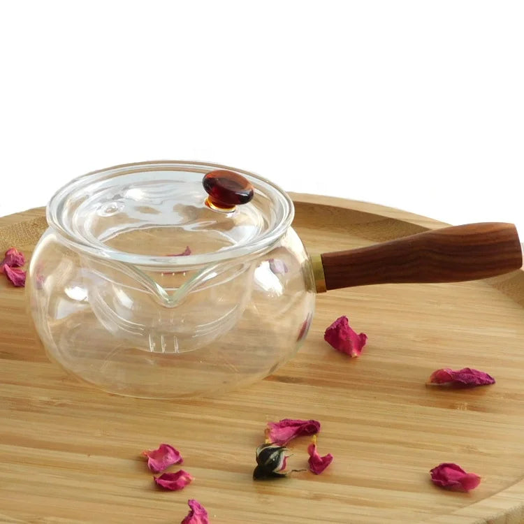 Handmade Gift Glass Tea Pot With Wooden Handle Justice Cup for Tea Coffee Milk Drinking