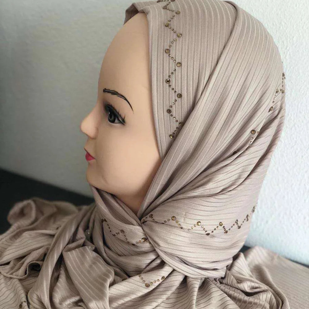 Customize Netherlands Fashion Solid Color Heavy Jersey Hijab Jersey Cotton Scarf With Stone Rhinestones