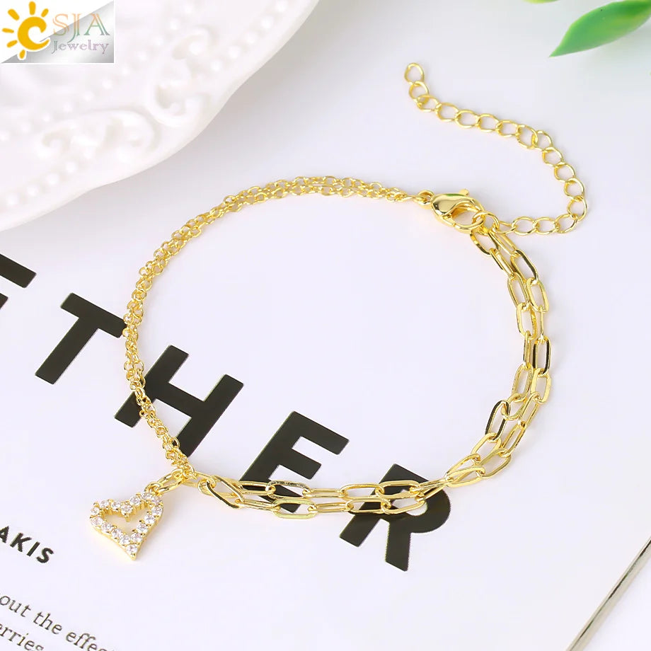 CSJA Fashion Jewelry Bracelet Stainless Steel 18k Gold Plated Moon Butterfly Love Charm Double-Layer Bracelets for Female S939