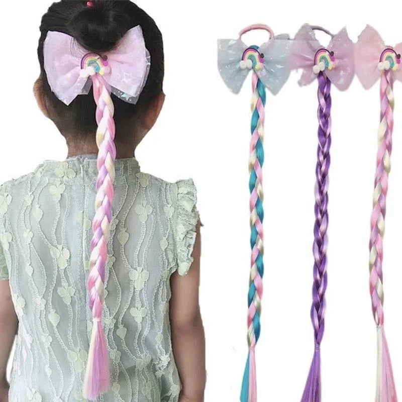 Best Synthetic Kids Hair Extension Pastel Wig Pigtails with Sweet Tulle Bow Expression Braid Made of High Quality Polyester