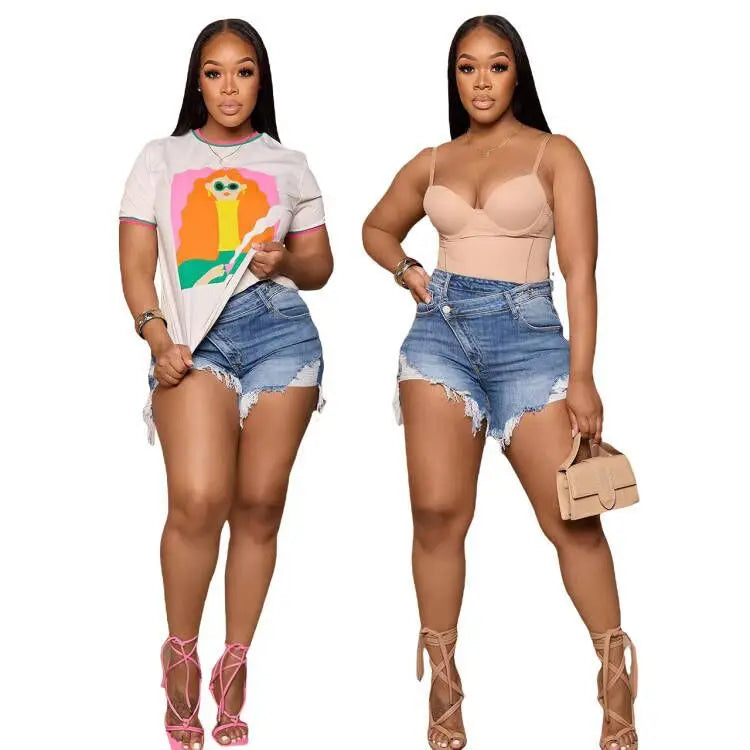 Wholesale 2023 Summer New Casual Mujer Shorts Jean Feminino Asymmetrical Ripped Blue Denim Jean Shorts for Women