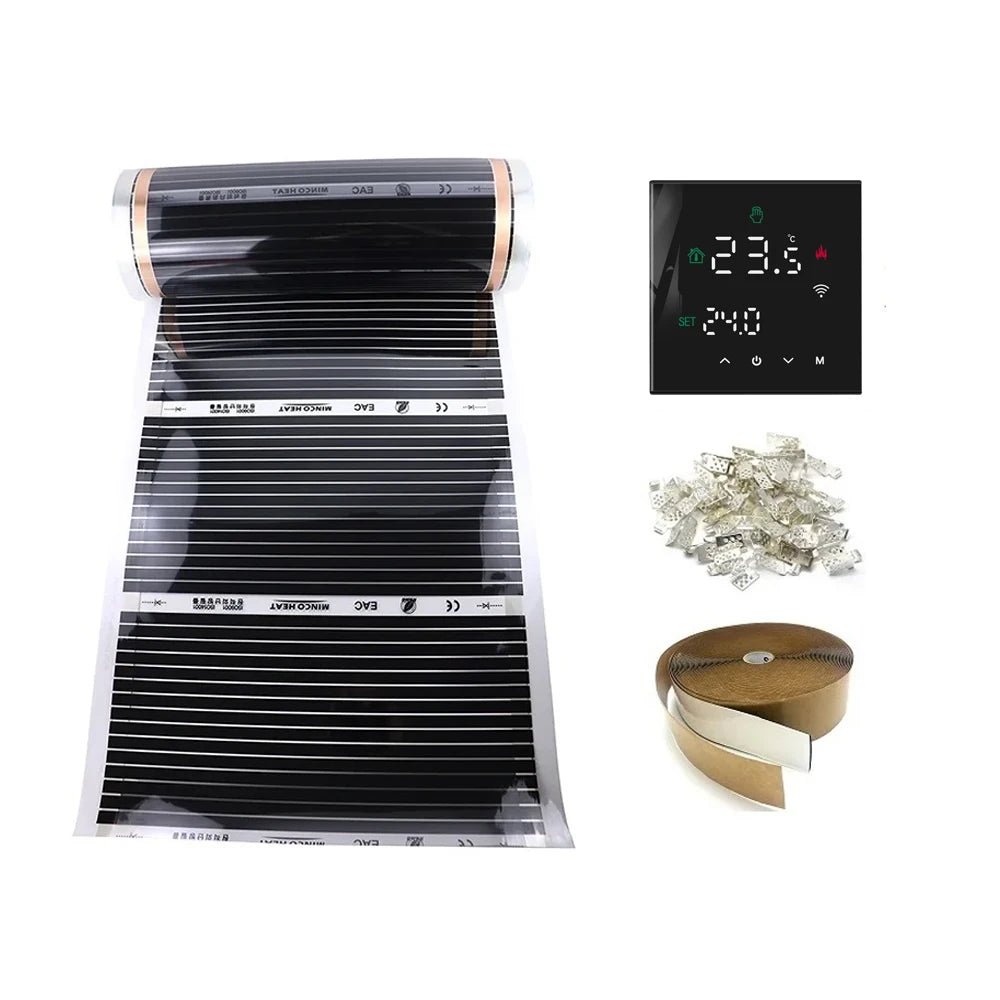 MINCO HEAT 50cmX6m 3m2 Infrared Floor Heating Film AC220V 220w/m2 Warm Mat With WiFi Thermostat Clamps Pastes
