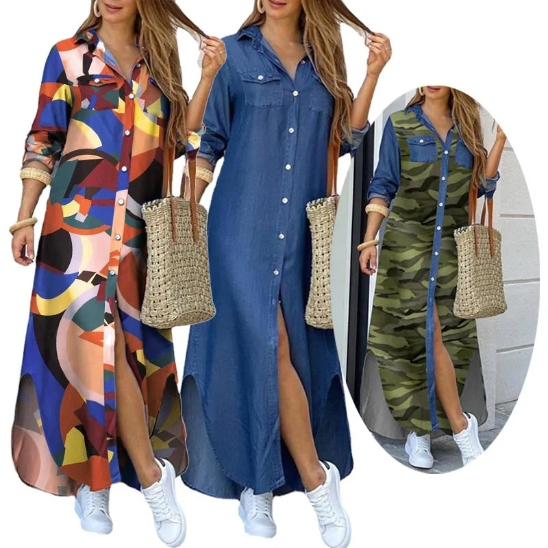 Womens Formal Career Dresses Camouflage Irregular Long Button Down Shirt Tie Dye Tunic Leopard Print Clothes Summer Dress