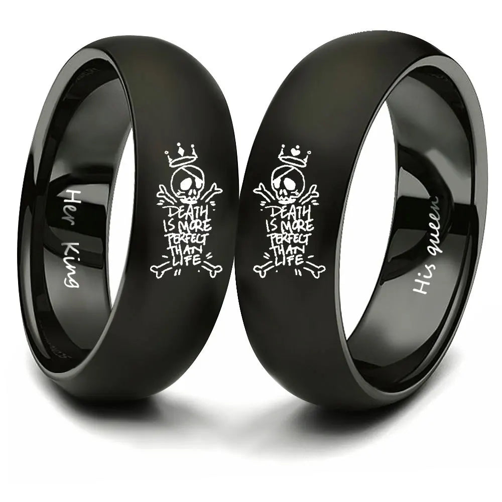 Death Is More Parfelt Then Life King Queen Punk Couple Titanium Steel Ring Anillos De Hombre Acero Inoxidable Finger Band