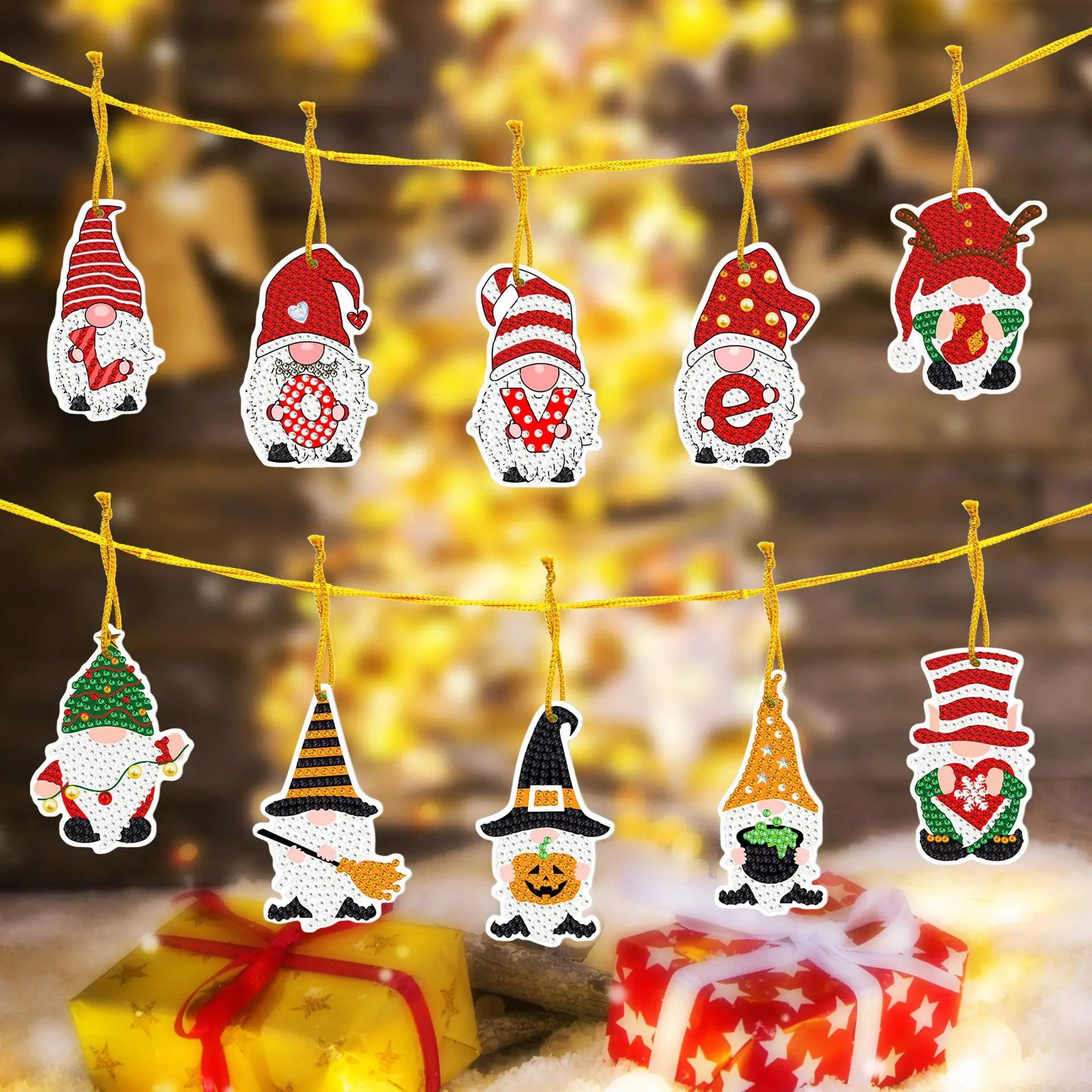 10pcs/Set Christmas Diamond Painting Santa Claus Pendant Hanging Ornament Tag Cards Christmas Decoration Home Decor