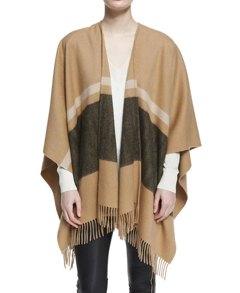 Winter Warm 100% Wool Women Poncho Shawl Custom Designer Tassel Wool Scarf Shawl