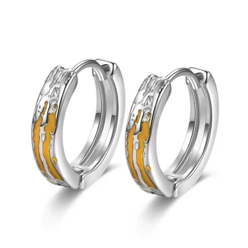 WMN133 Black Yellow Enamel lava Design Silver Hoop Earrings Men Hypoallergenic 925 Sterling Silver Hoop Earrings for Boys Girls