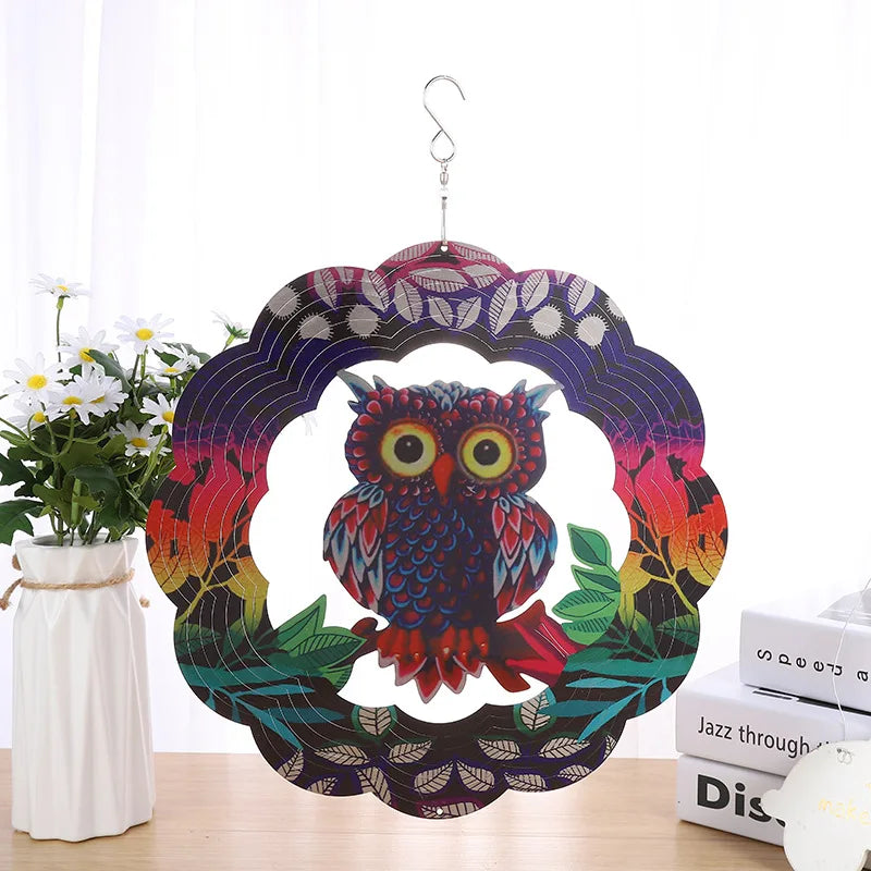Factory Price 12 Inch 3D Owl Wind Spinner Rotating Stainless Steel Wind Hanging Ornaments Color 30cm Metal Wind Chimes