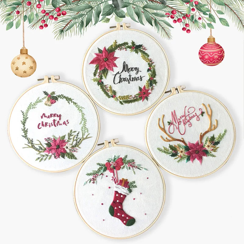 Merry Christmas Cross Stitch Embroidery Canvas DIY Kit Beginner Flowers Pattern Printed Sewing Art Craft Painting Home Decor