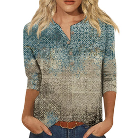 3/4 Sleeve Round Neck With Buttons Women T-shirts for Spring Summer Fashion Print Casual T-Shirts for Women-A4010202MG012