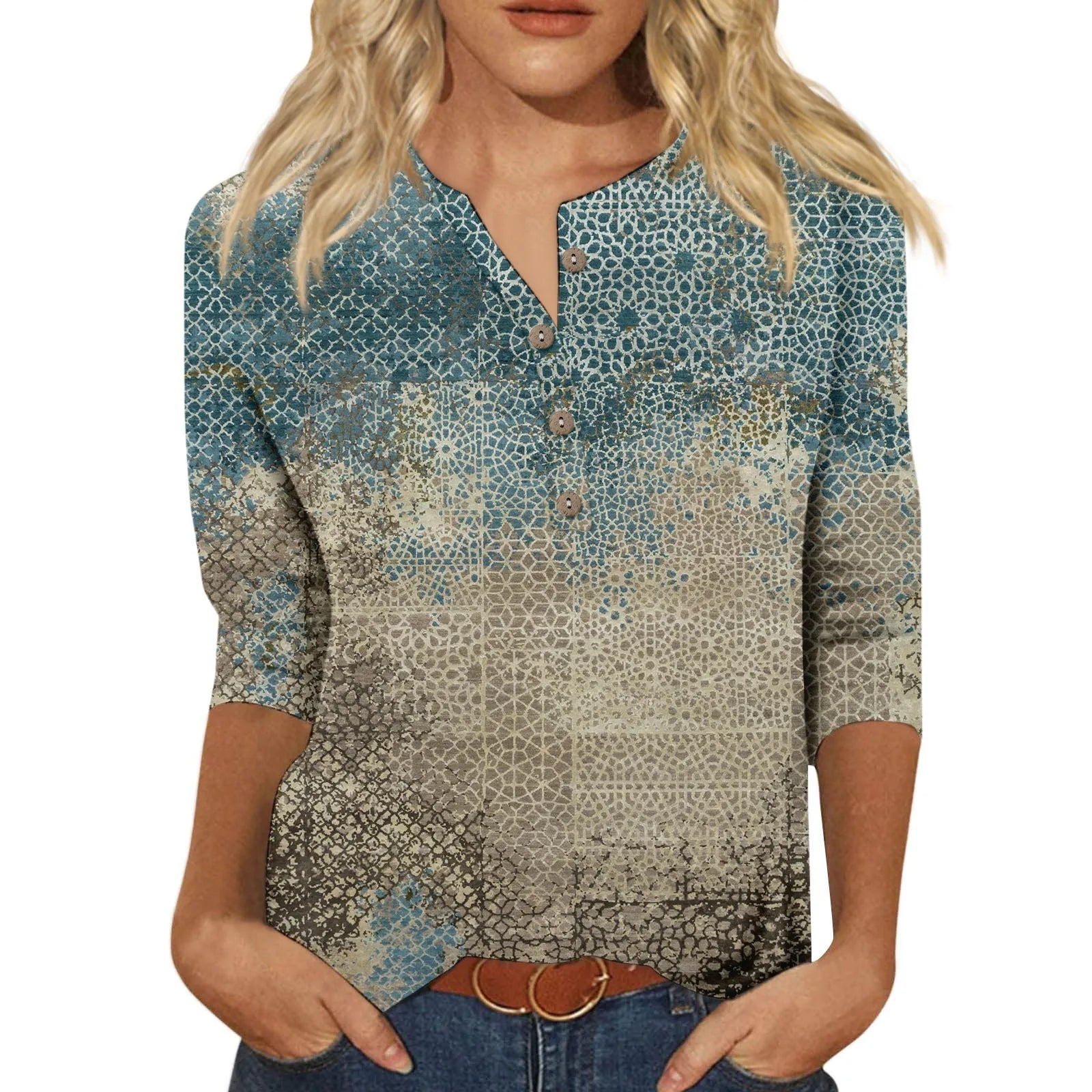 3/4 Sleeve Round Neck With Buttons Women T-shirts for Spring Summer Fashion Print Casual T-Shirts for Women-A4010202MG012