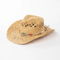 Hot Selling Spring Summer New Fashion Big Brim Cowboy Hat Color Strip Decoration Natural Raffia Grass Hand-Woven Straw Hat
