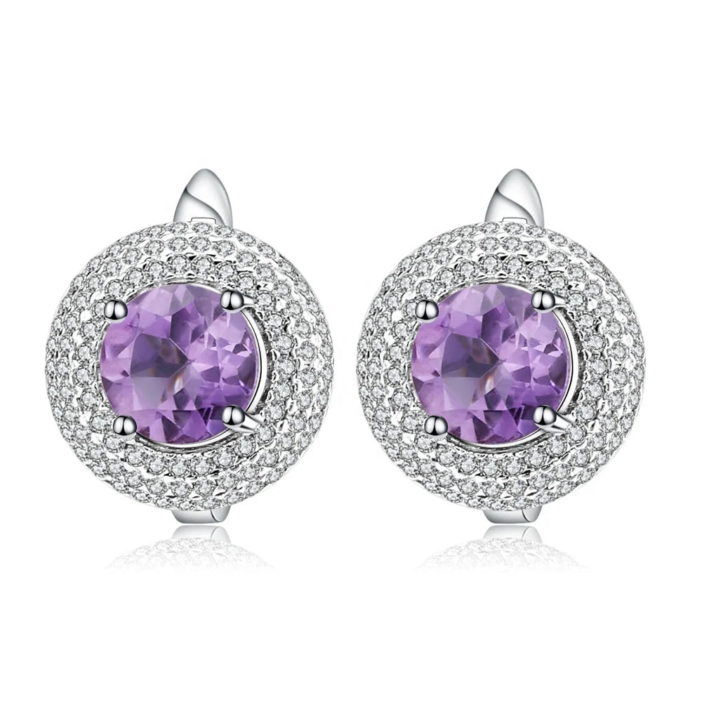 Abiding Round White Cz Natural Amethyst Gemstone 925 Sterling Silver Korean Charm Earrings Jewelry for Women Girls