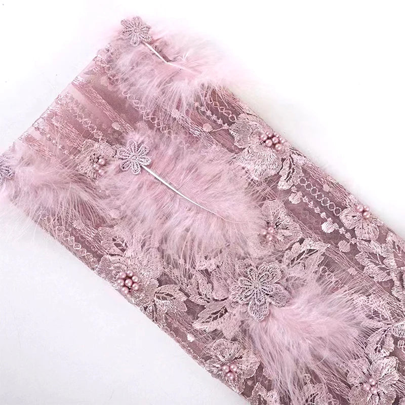 Beads Nigerian Embroidery Tulle Feather French Lace Fabric with Mesh