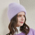 Factory Custom Angola Wool Knit Hats for Women Winter Warm Wool Wide Cuff Hat Colorful Skull Ski Hats for Cold Weather