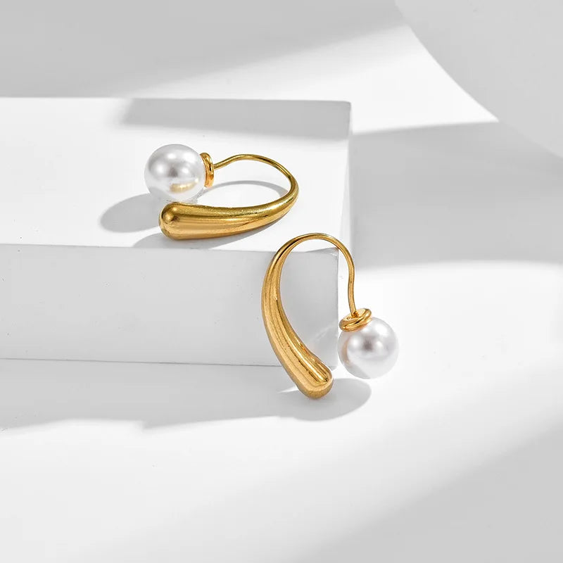 HOVANCI 18K Gold Plated Modern Statement Geometric Earrings Chunky Pearl Jewelry Trendy Stainless Steel for Wedding or Gift