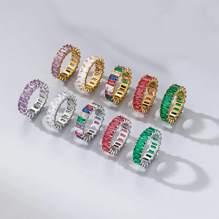 Fashion Colorful Pink Green Purple Baguette CZ Jewelry 18K Gold Plated Stainless Steel Pave Cubic Zirconia Rings 2023