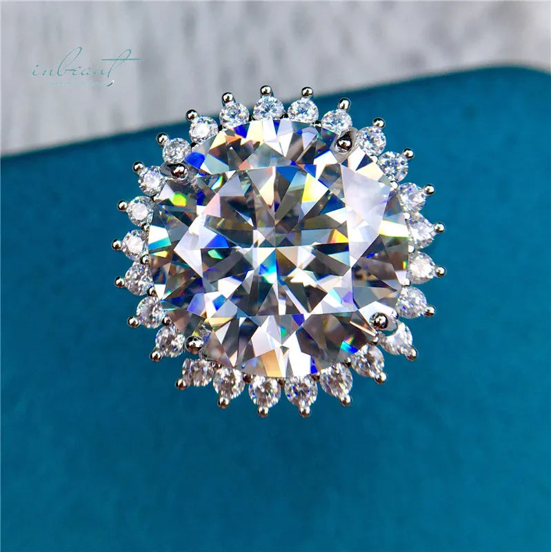 Silver 925 Original Brilliant Cut 13 Carat Diamond Test Past D Color Moissanite Sunflower Ring for Women Wedding Fine Jewelry