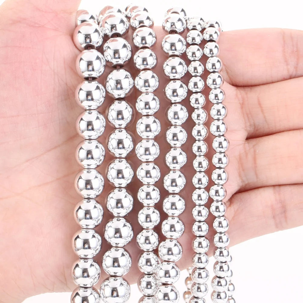 AsVrai U Natural Hematite Stone Beads Silver Color Loose Round Beads for Jewelry Making DIY Bracelets Accessories Wholesale