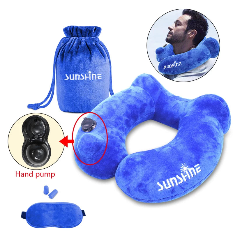 Self-inflate Inflatable Neck Travel Pillow Soft Velvet Cover EN71 Certified Washable for Airplanes Car Office