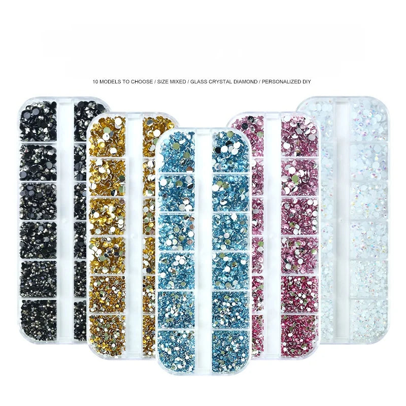 12 Gird Nail Art Diamonds Flatback Crystal Stones Transparent AB White Gold Mixed Sizes Nail Art Rhinestone