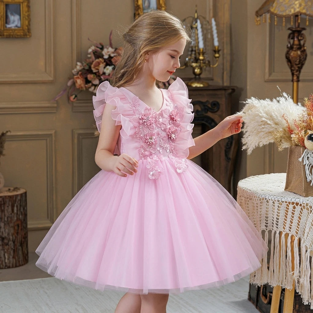 Child Temperament Embroidered Girl Party Dresses for Kids Yellow Noble Flower Girls Dresses for Children 2-10 Years Old