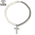 Top Icy 8mm AAA Cubic Zirconia Pearl Mix Cuban Luxury Hip Hop Necklace Bling  Pearl Cuban Cross Pendant