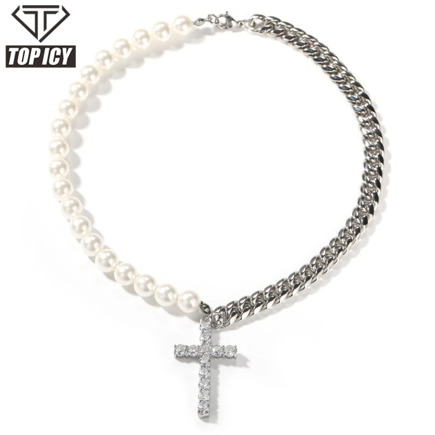 Top Icy 8mm AAA Cubic Zirconia Pearl Mix Cuban Luxury Hip Hop Necklace Bling  Pearl Cuban Cross Pendant