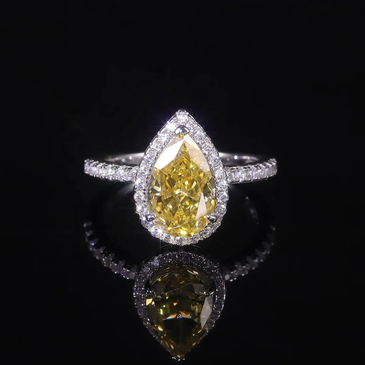 AR028 Abiding Factory Price Water Drop Shape 7x11MM Coloful Yellow Zircon 925 Silver Halo Half Eternity Engagement Rings