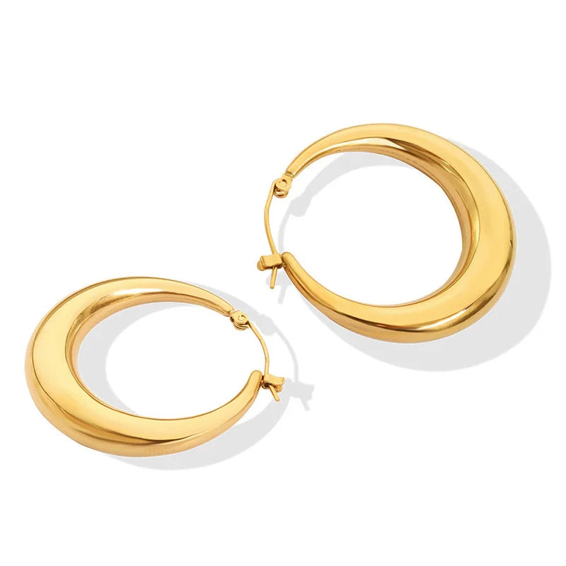 Simple Design 18K Gold Plating Thick Circle Hoop Earrings Stainless Steel Smooth Chunky Hoop Earrings Women