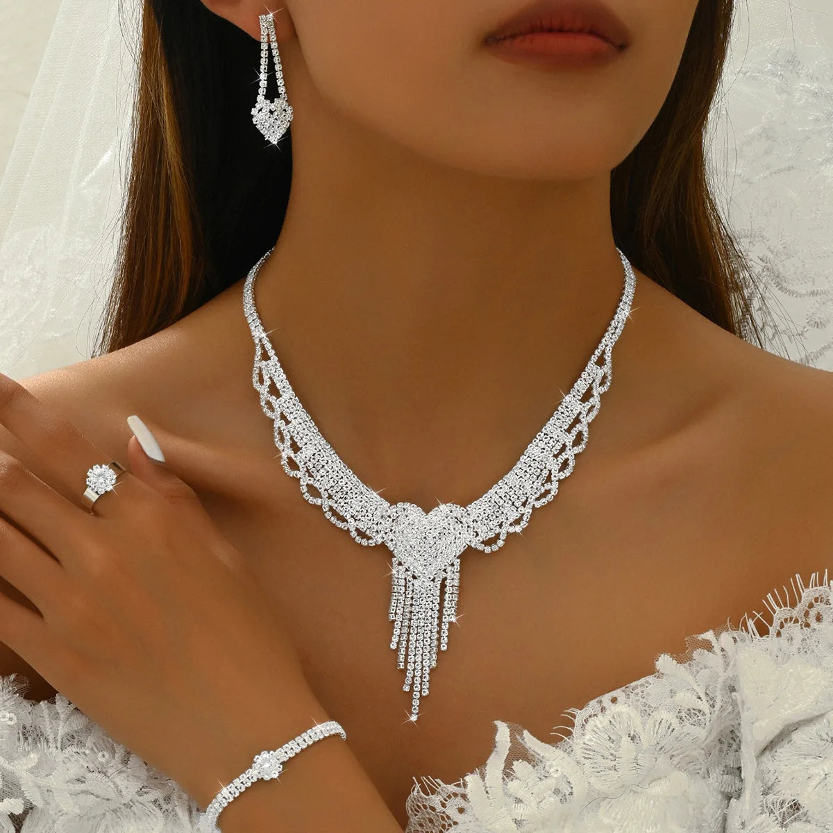 5-piece Zircon Tassel Women's Fashion Jewelry Set with Banquet Style Design and Fashionable Bridal Jewelry Set