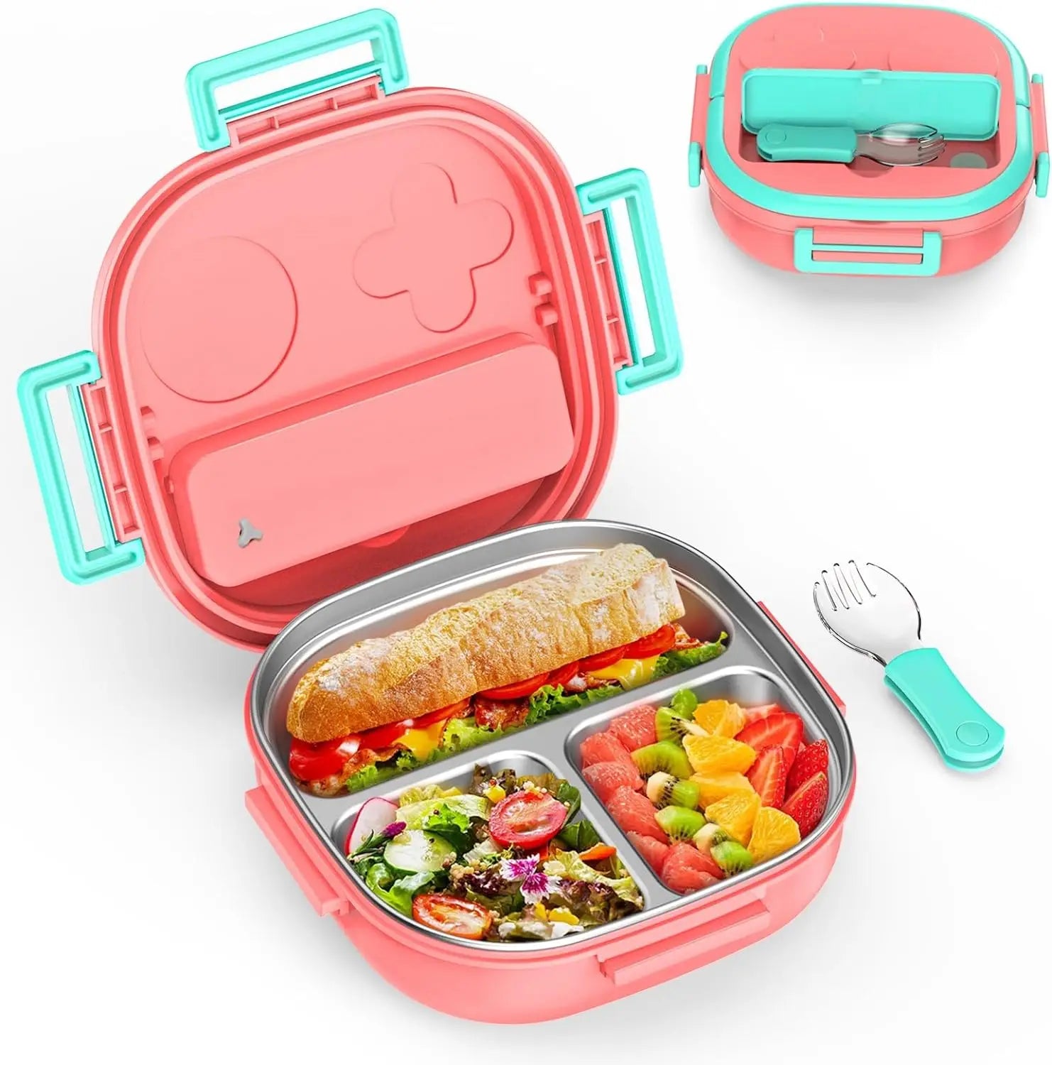 Kid's Stainless Steel Leakproof Bento Lunch Box with 3 Compartments Portable Cutlery BPA Free & Dishwasher Safe