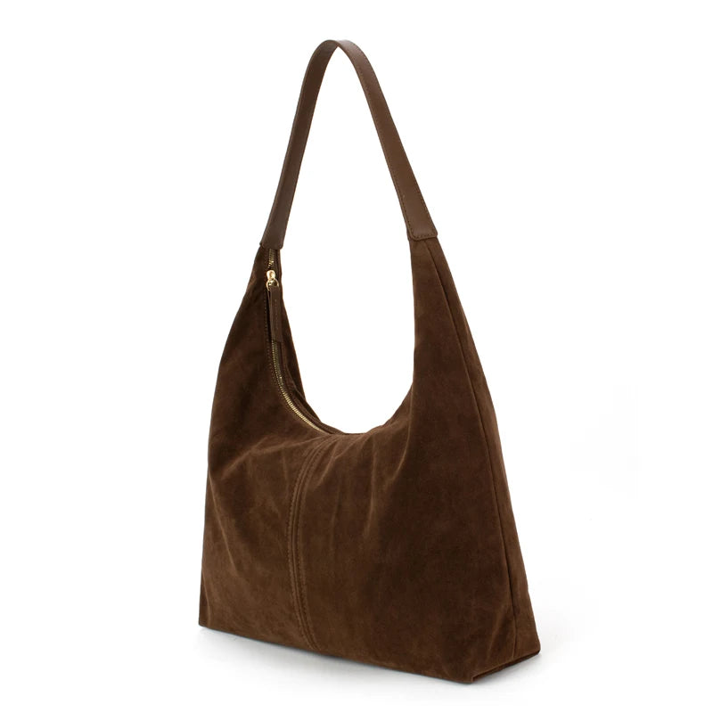 Women's Designer Suede Bucket Shoulder Tote Bags with Two Zipper Closure Large Capacity Lightweight