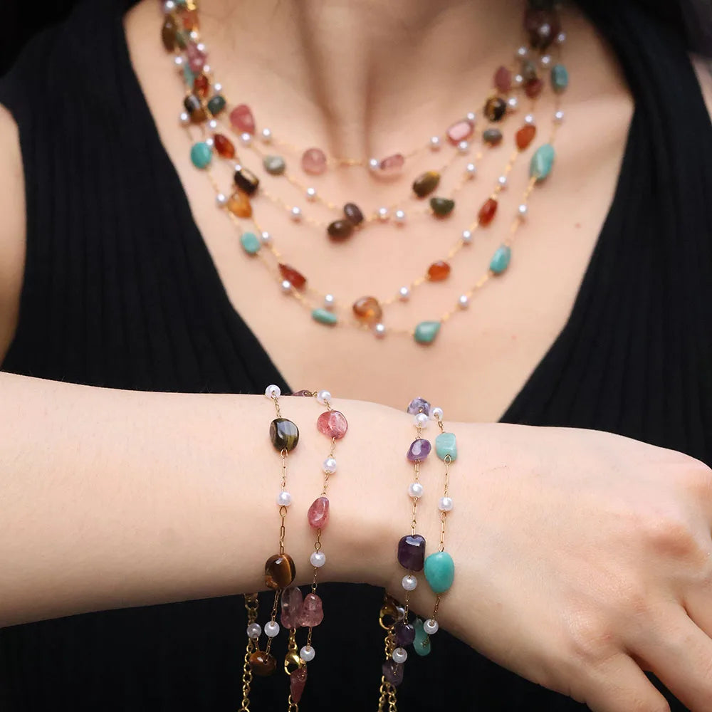 Multi-colour Crystal Natural Stone Pearl Choker Necklace Bracelet Anklet Healing Stone Pearl Beaded Necklace Jewelry Set