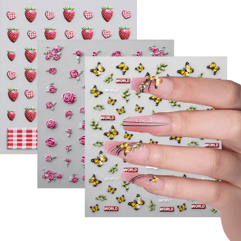 Summer 5D Nail Art Stickers Heart Design Self Adhesive Non-Toxic Decorations Strawberries Orange Nail Decals
