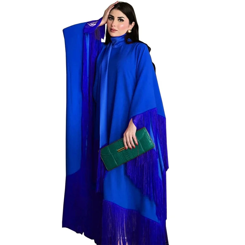 PROMISTAR Regular Sleeve Tassel Kaftan Muslim Women Modest Autumn Party Dress Summer Made Silk Viscose Abaya Adults XXL
