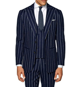 Navy Blue Pinstripes Men Suits 3 Pieces Blazer Vest Pants Single Breasted Business Wedding Groom Tuxedos Suits