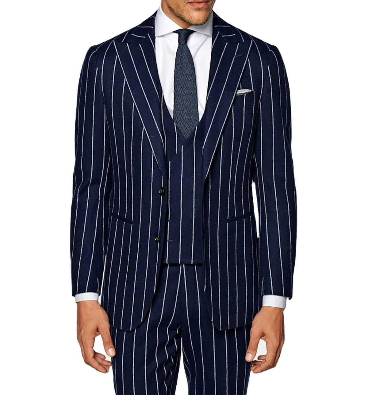 Navy Blue Pinstripes Men Suits 3 Pieces Blazer Vest Pants Single Breasted Business Wedding Groom Tuxedos Suits