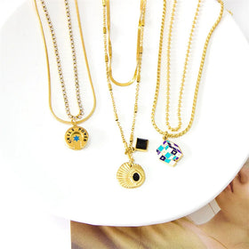 Fashion Layer Chain Cube Jewelry Gold Plated Stainless Steel Magic Cube Pendant Choker Necklace