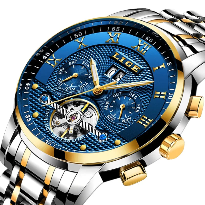 LIGE Mens Watches 9841 Top New Business Fashion Automatic Mechanical Watch Men Steel Sport Waterproof Watch Relogio Masculino