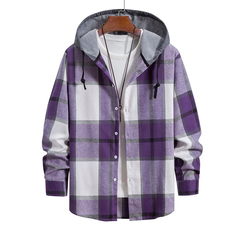 RNSHANGER Men Casual Plaid Print Shirt Hooded Collar Long Sleeve Cardigan Shirt Geometric Loose Beach Social Dress Shirt