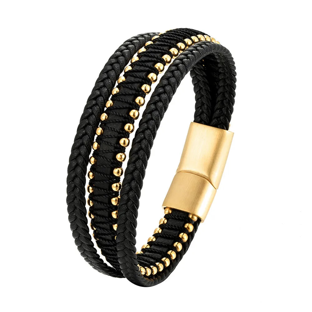 Customized LOGO Stainless Steel Clasp Bracelet Beads Braided Three Layers Wrap Bracelet Genuine Leather Bracelet for Men