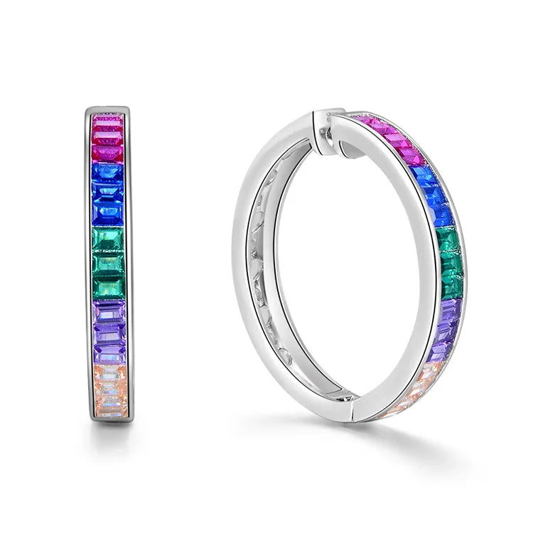 925 Sterling Silver Post Earrings with Trendy Rainbow Cubic Zirconia 30/25/20/15mm Gold Plated with Main Stone for Engagement