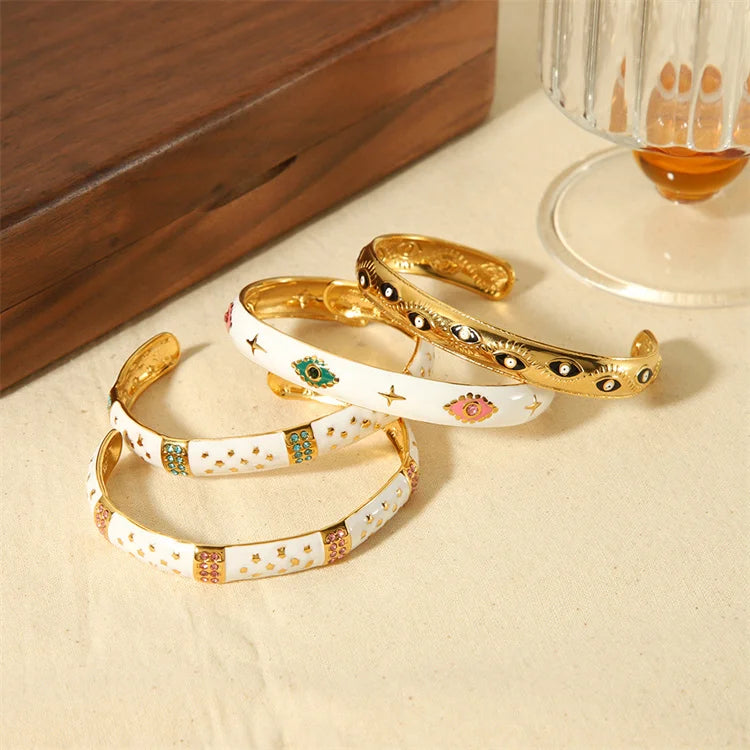 2026 New White Enameled Star Evil Eye Zircon Cuff Bracelet 18K Gold Plated Stainless Steel Drop Oil Fashion Charm Bracelets