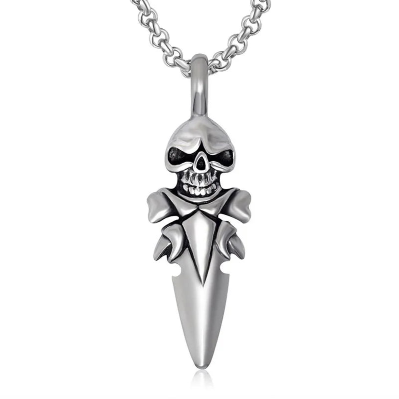 Men's Skeleton Stainless Steel Neck Chain with Sword and Christian Religion Cross Antique Fine Pendants & Charms Skull Jewelry
