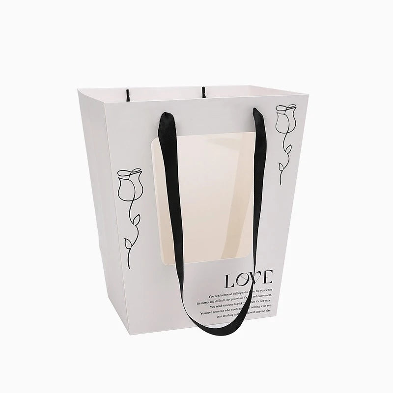 Wholesale White Paper Gift Bags with Pvc Window and Ribbon Handle for Valentine Flower Inverted Triangle Shape Packaging Bag