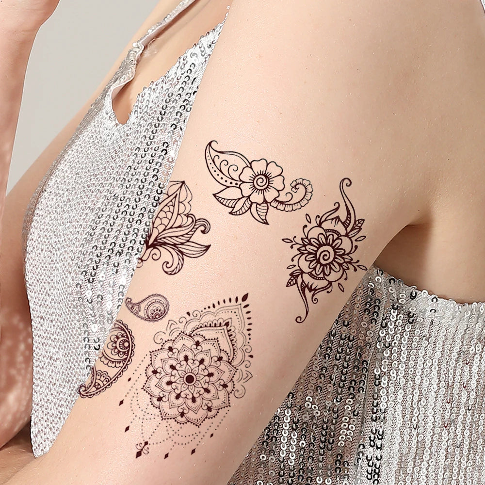 Wholesale White Brown Lace Tattoo Stickers Indian Waterproof Henna Tattoo Arm Henna Flower Pattern Tattoo Fake Temporary Tattoo