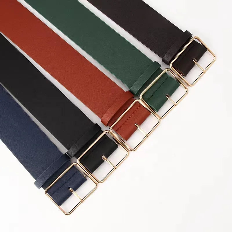 JULUN Belts for Women Custom Wide Faux Leather Belt Simple Square Gold Buckle Daily Fashion Accessory
