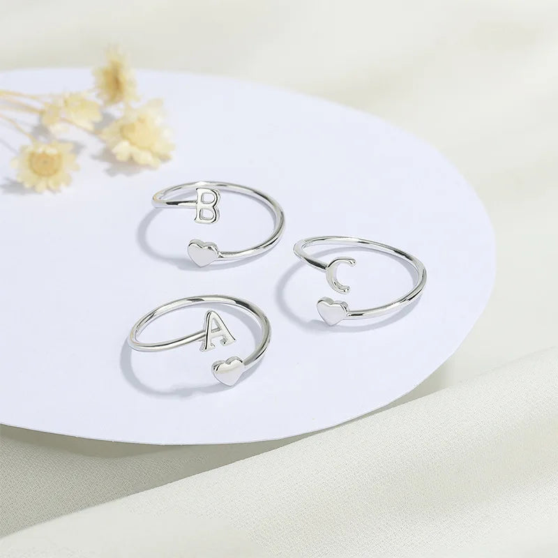 Hot Selling Unisex Fine Jewelry Heart Rings Adjustable 925 Sterling Silver Simple Alphabet 26 Initial Letter Ring